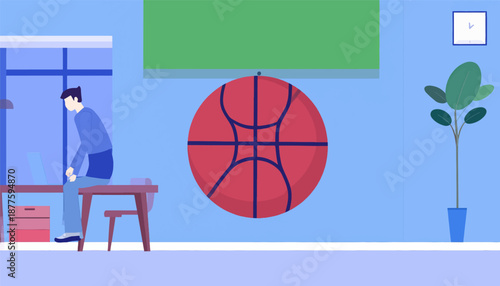 A person sits at a desk with a laptop, a large basketball hangs nearby, a plant stands in a corner