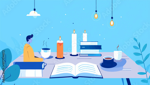 A person sits at a desk with books, candles, and drinks, surrounded by blue decor