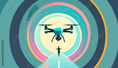 A person runs towards a drone within a colorful, abstract circular tunnel