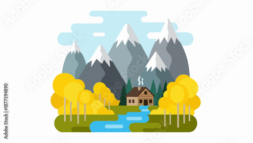A picturesque mountain landscape with a cozy cabin, a flowing river, and vibrant autumn foliage
