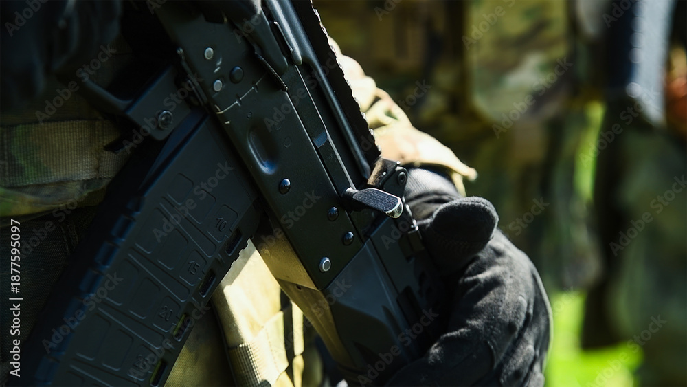 Fototapeta premium Modern soldier in camouflage uniform. The military concept