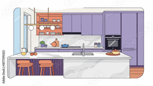 A modern kitchen with purple cabinets, an island, and breakfast bar stools