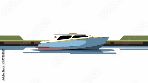 A modern, light blue speed boat with yellow trim rests on calm, blue water