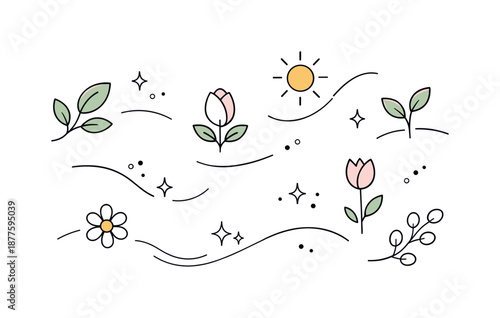 Abstract Spring Icons. Soft abstract spring elements. Minimal icons of leaves, buds, and suns gently arranged in a visual flow, evoking the feeling of air,