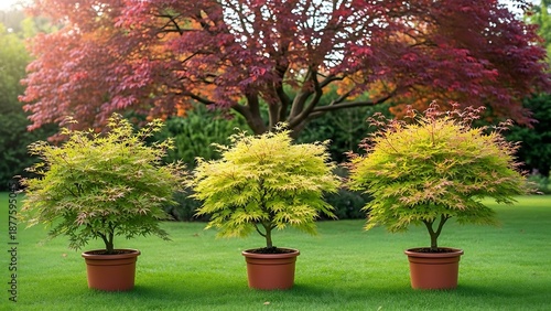 Three potted trees on green grass in front of a large tree
