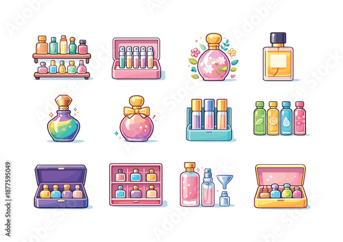 Colorful Perfume Icons. Perfume Collection. Colorful flat vector icons set of Perfume Collection: shelf display bottles, mini-sample set, seasonal edition