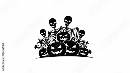 A group of skeletons and carved pumpkins are depicted in a festive Halloween scene