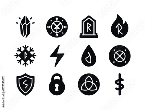 Fantasy Runes Icons. Fantasy runes. Solid icon set of fantasy runes: glowing crystal, enchanted sigil, ancient door rune, fire rune, ice rune, lightning glyph,