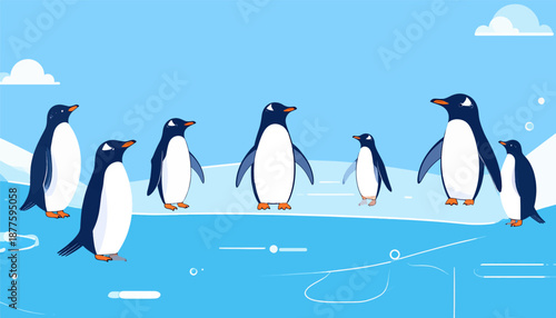 A group of seven penguins stands on an icy surface under a bright blue sky with scattered clouds