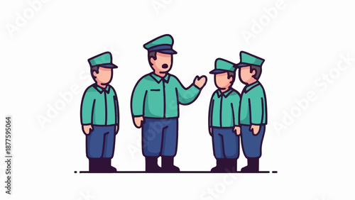 A group of four people in matching uniforms stand together, one addressing the others