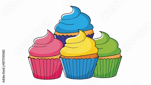 A group of four colorful cupcakes with swirled frosting and pleated wrappers