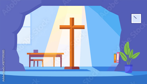 A minimalist interior scene with a large wooden cross illuminated by a divine light beam