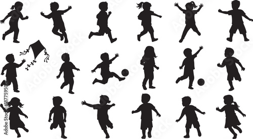 Silhouettes of children playing and having fun outdoors together