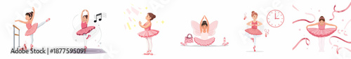 Collection of flat vector illustrations depicting a young girl's ballet journey, showing practice, graceful poses, performance, stretching, and dedication to dance.