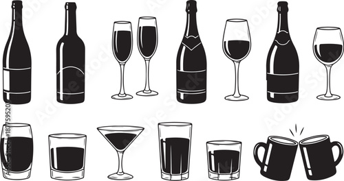 Collection of wine and cocktail glasses and bottles illustration