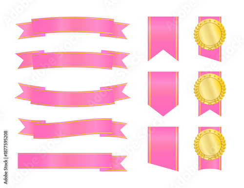 メダル付き要素を含むピンクカラーのリボン装飾フレームとバッジ素材セット