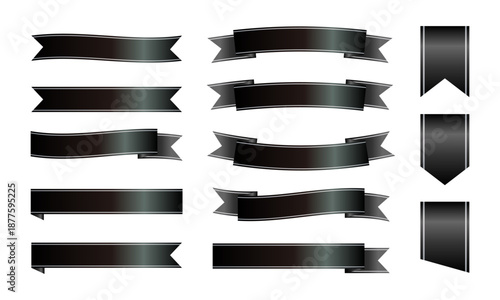 ブラックカラーで構成された高級感のあるリボンバナーとタグ装飾素材