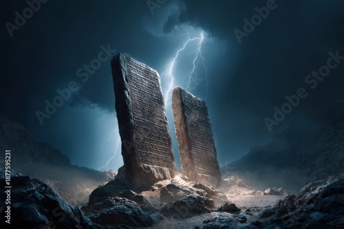 Biblical Scene of Moses Receiving the Ten Commandments on Mount Sinai, High Contrast and Symbolic Power