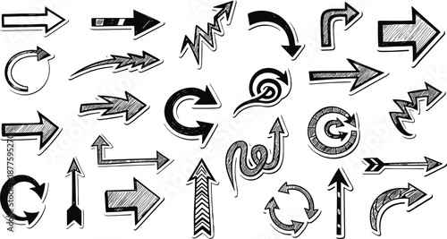 Collection of Hand Drawn Sketch Arrows Featuring Thick Outlines, Curved Pointers, Zigzag Indicators, Directional Symbols, and Cad Drawing Flat Vector Illustration