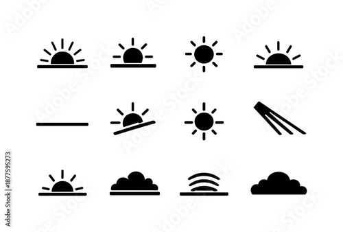 Sun Position Icons. Sun positions. Solid icon set of Sun positions: rising sun, mid-morning sun, noon sun, descending sun, sunset sun, horizon line, angled