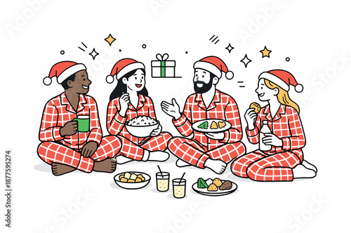 Cozy Christmas Gathering. Christmas pajama party. People in matching pajamas enjoying snacks and conversation together. Cozy celebration and relaxed