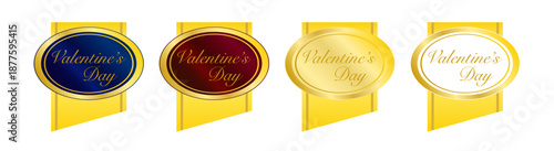 フレーム型デザインを含むバレンタイン向けゴールドラベルとリボン装飾素材