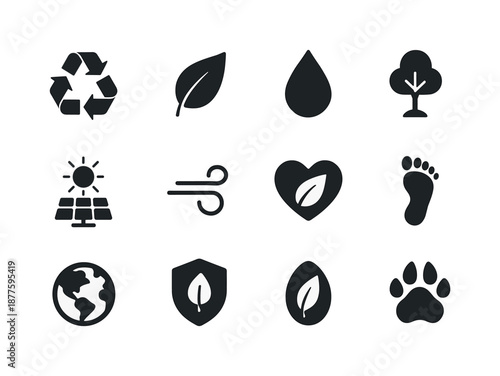 Eco Icons Grid. Eco elements. Solid icon set of Eco elements: recycling symbol, leaf icon, water conservation drop, tree sprout, solar icon, wind icon, nature