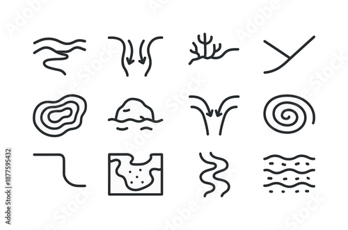Underwater Features Icons. Riptides. Line icon set of underwater features: sandbar ridge, deep channel, reef outline, underwater slope, seabed contour lines,