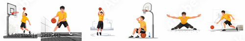 Basketball player character vector set showcasing different poses and actions: shooting, dribbling, resting, defense, and fast movement on the court.