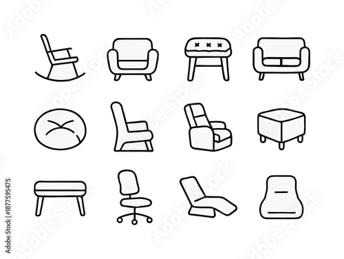 Cozy Seating Icons Grid. Cozy seating. Line icon set of Cozy seating: rocking chair, armchair, cushioned stool, loveseat, floor pillow, reading nook, recliner,