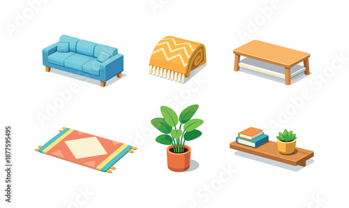Modern Living Room Icons. Living Room Refresh. Isometric flat vector icons set of Living Room Refresh: modern sofa, decorative throw blanket, coffee table,