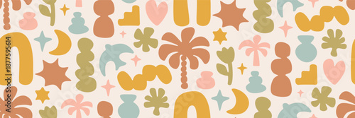 Boho summer pattern. Tropical palms, clouds, hearts, ceramic pots, groovy flowers seamless beach bg. Scandinavian design. Organic shapes, retro vibes, and coastal summer patern. Bird and twinkle icons