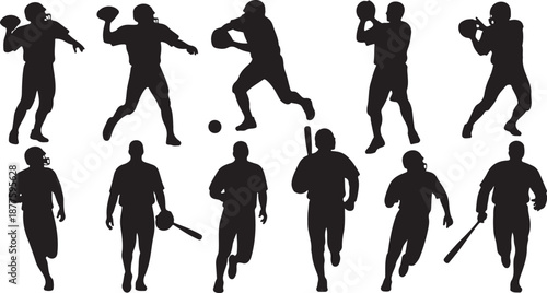 Silhouettes of athletes playing various sports in action poses