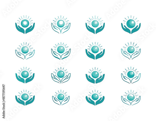 Therapeutic Touch Icons. Therapeutic touch. Icon set. Set Logo of therapeutic touch: radiating calm sphere. harmonious logo variations: Filled silhouette,