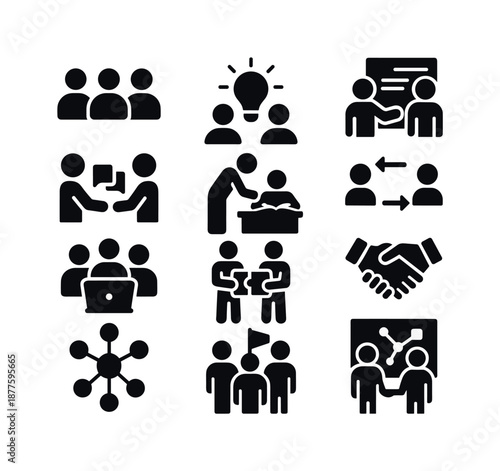Collaborative Learning Icons. Collaborative learning. Solid icon set of collaborative learning: student group, shared idea bulb, team worksheet, note exchange,
