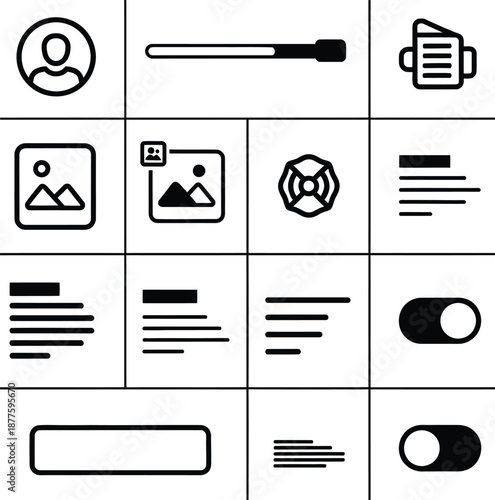 User Interface and UX Design Element Icon Set Featuring Profile, Toggle Switch, Progress Bar, Image Gallery, and Text Alignment Outlines for Website and App Wireframing.
