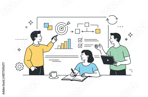Strategy Session Illustration. Strategy review and adjustment. A team updating plans and refining targets on a board. Continuous improvement and alignment