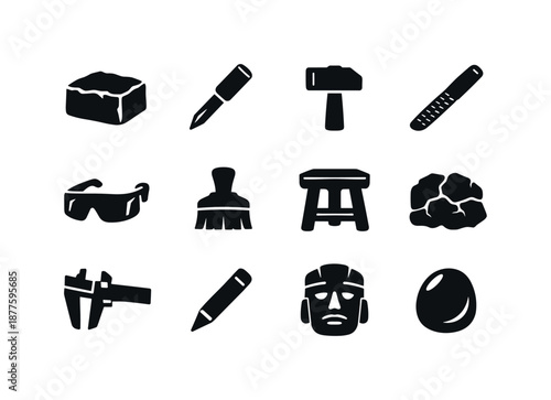 Stone Carving Icons. Stone carving. Solid icon set of stone carving: stone block, pointed chisel, hammer, rasp file, safety goggles, dust brush, carving stand,