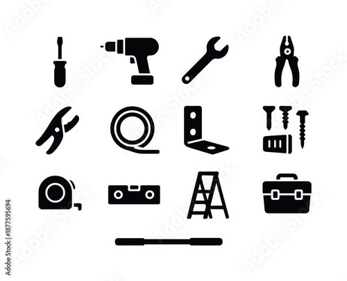 Mood Lighting Tools. Mood lighting installation tools. Solid icon set of mood lighting installation tools: screwdriver, drill, wrench, pliers, cable stripper,