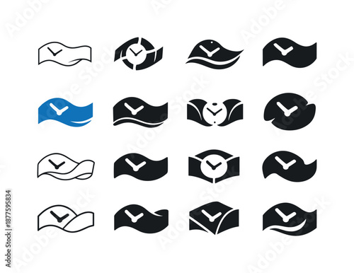 Freelancing Icon Set. Freelancing. Icon set. Set Logo of freelancing: flexible clock. harmonious logo variations of the same emblematic concept, each with