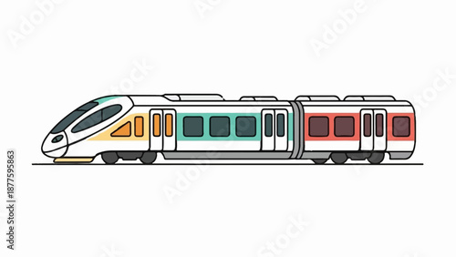 A modern, multi-colored, cartoon-style train with sleek lines and distinct passenger car sections