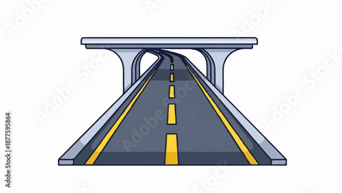 A paved road with yellow dashed lines goes under a bridge, leading forward