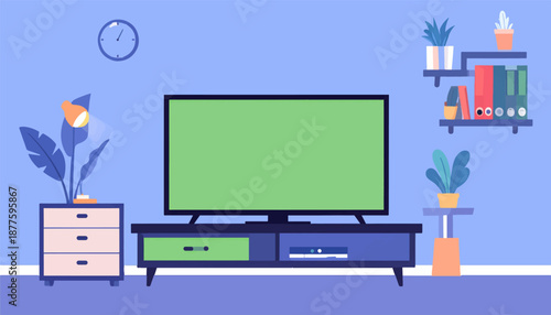 A minimalist living room setup featuring a large screen television and decorative plants