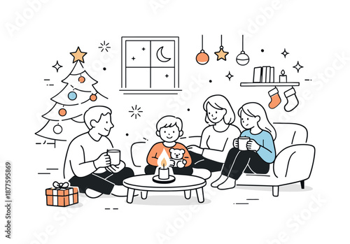 Cozy Christmas Gathering. Christmas Eve traditions. Family gathered in a cozy living room sharing quiet moments before the holiday, soft lights and simple