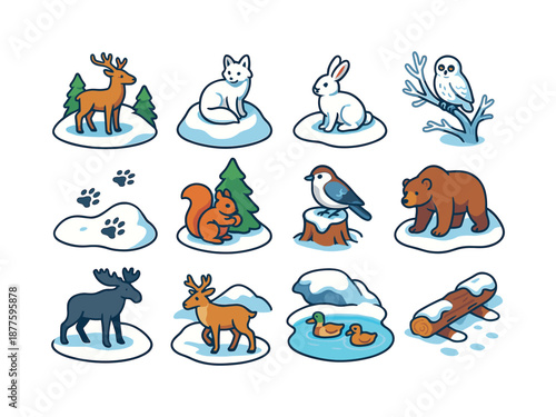 Winter Wildlife Icons. Snowy landscapes with animals in winter habitats. Colorful isometric vector icons set of snowy landscapes with animals in winter
