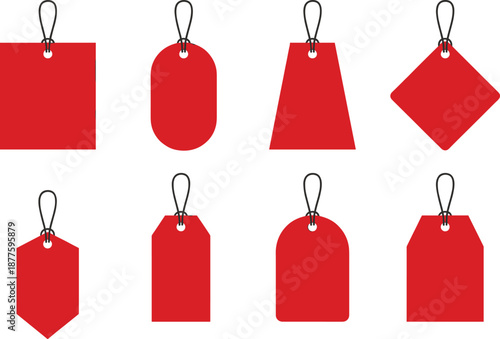 Red price tag labels collection with string hanging shapes blank vector set isolated for sale promotion branding design templates marketing