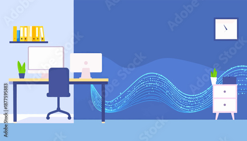 A minimalist, modern office space with computers, a chair, and decorative elements