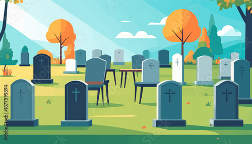 A peaceful cemetery scene with tombstones and autumn trees under a blue sky