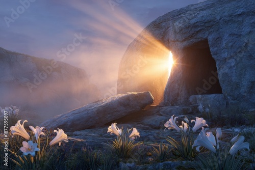 Biblical Resurrection Scene Showing the Empty Tomb of Jesus at Dawn, Symbol of Salvation, Renewal, and Eternal Life