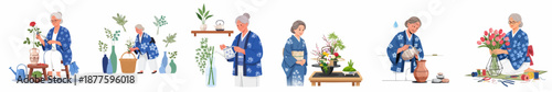 Elderly Japanese Woman Engaged in Traditional Floral Hobbies and Ikebana Art, Gardening, and Flower Arrangement Activities.
